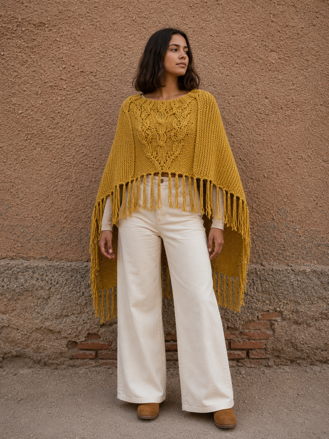 Poncho tejido color mostaza con flecos