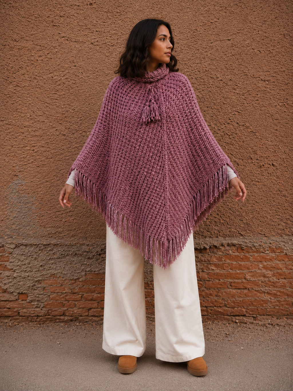 Poncho rosa viejo con flecos