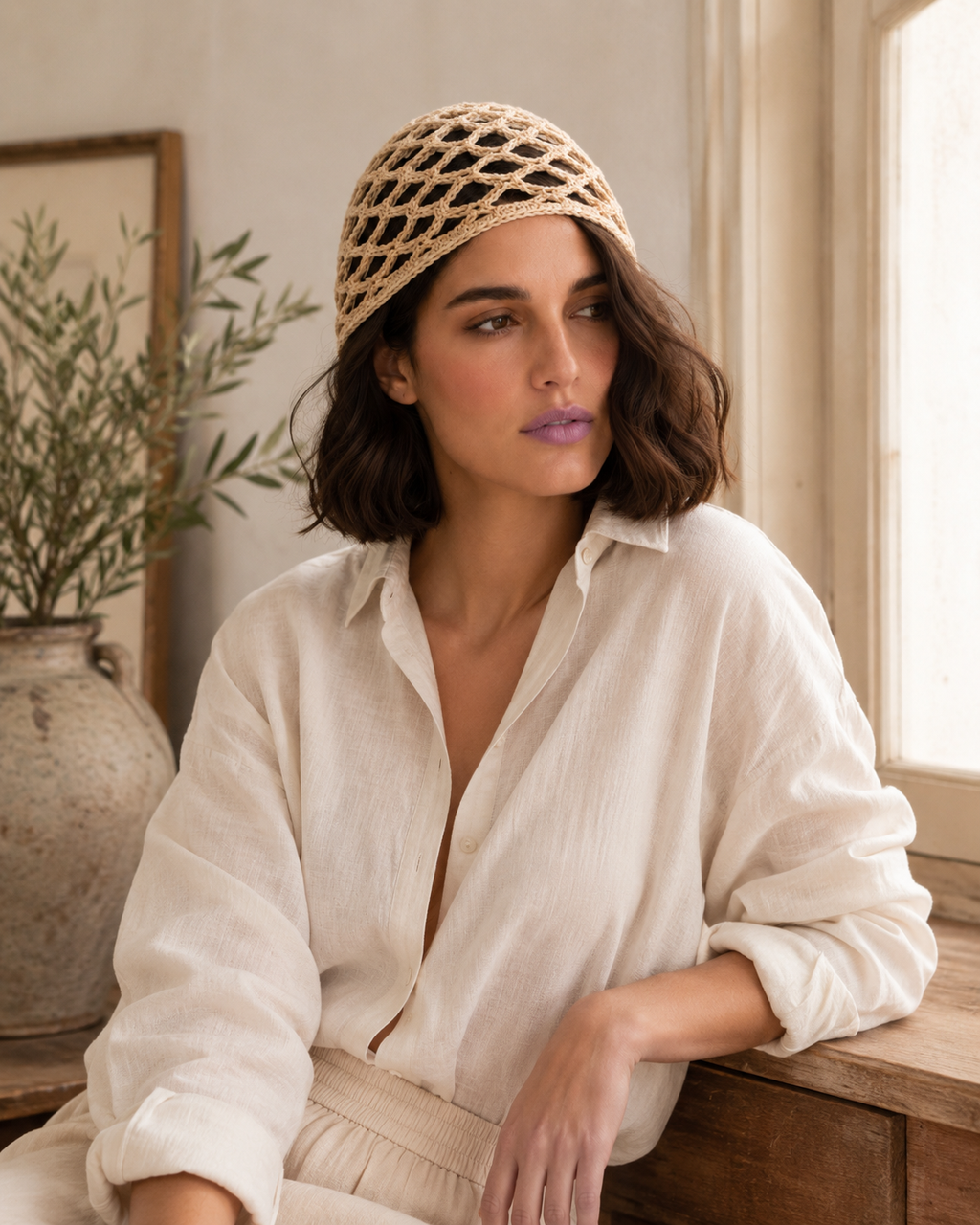 Gorro tejido crochet Beige