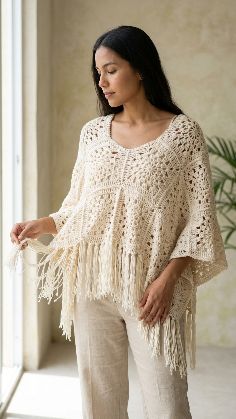 Crochet blanco con flecos